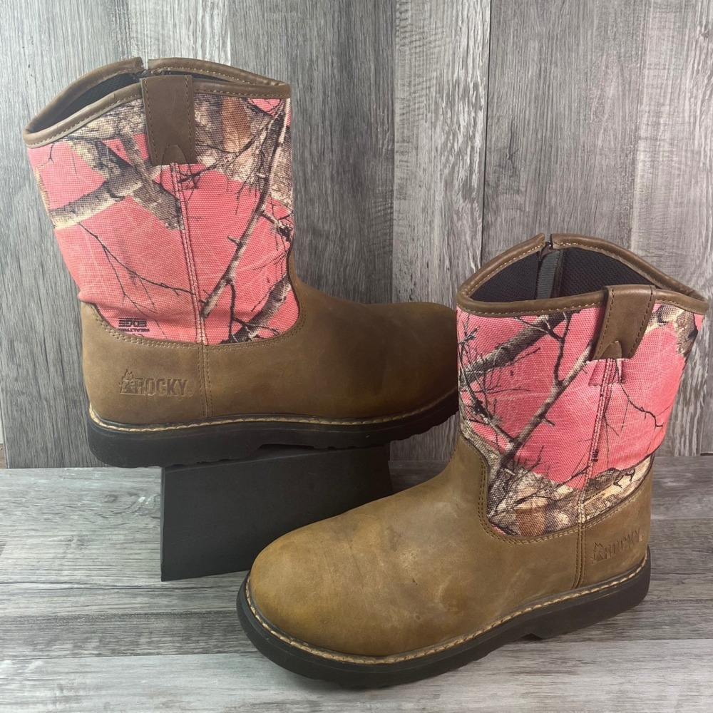 Rocky Kids 8 inch Hunting Boots Brown Pink Realtree Edge Camo RKS558YSS Size 5M